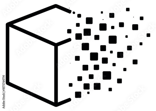 Line art illustration of a cube depicting disintegration for abstract technology concepts