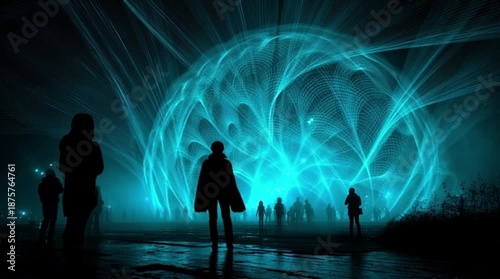People experience futuristic light installation at night