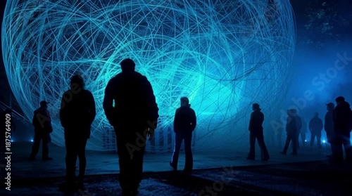 People marvel at large blue glowing art installation at night