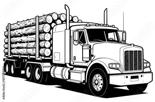 A black and white line art illustration of a classic heavy-duty semi-truck loaded with harvested timber logs
