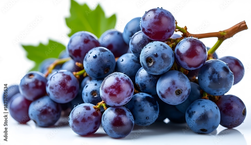 Fototapeta premium Fresh Ripe Purple Grapes with Water Droplets Macro Close Up on White Background
