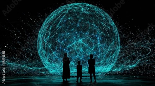 Family exploring futuristic digital globe together