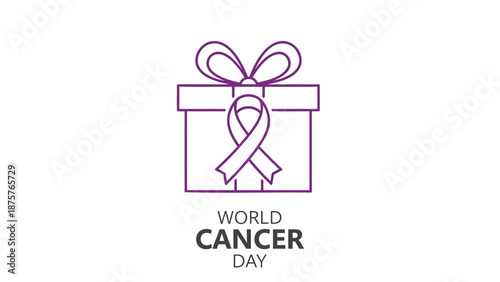 World cancer day awareness gift box with purple ribbon symbol on white background