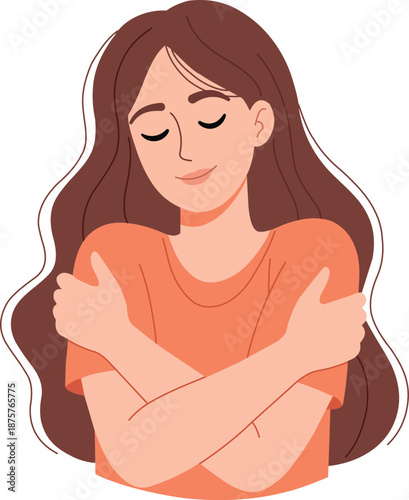 Cartoon woman with long brown hair and orange shirt hugging herself isolated on white background