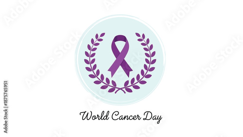 Purple ribbon symbolizing cancer awareness surrounded by laurel wreath on world cancer day illustration