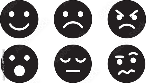 Six black circular emoticons showing different emotions on a white background face happy