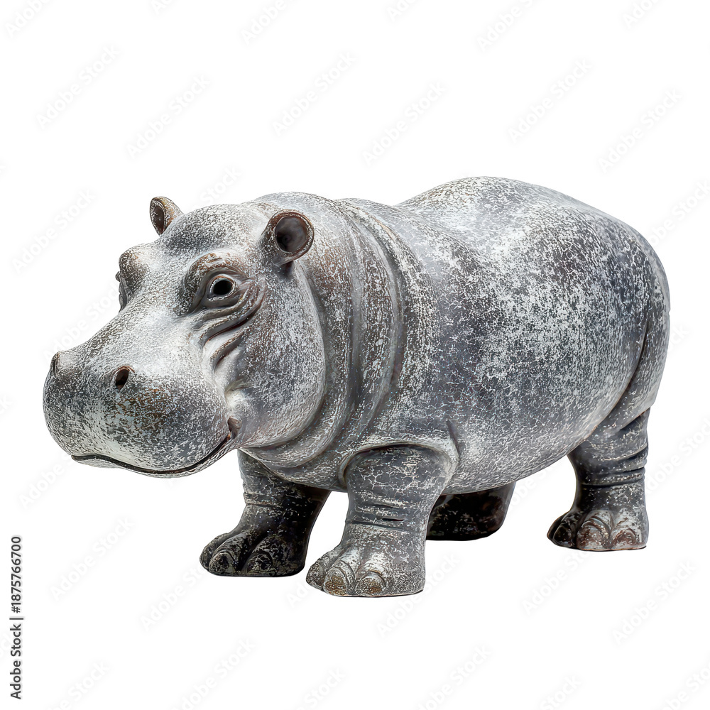 Obraz premium Small gray hippo figurine statue with matte texture, rounded body proportions and defined snout ears and legs, clean sculpted details, isolated on transparent background.