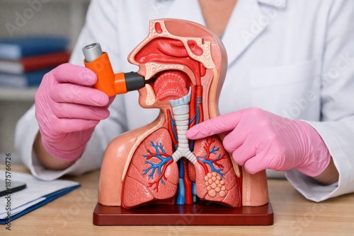 Doctor demonstrating inhaler use on anatomical model of human respiratory system, illustrating asthma treatment, lung health, and medical education for breathing disorders