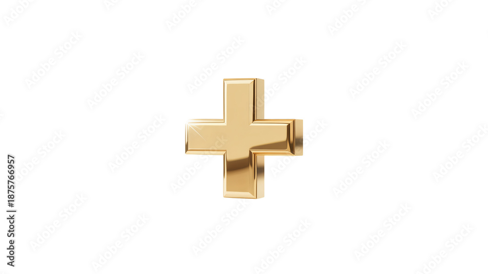 Obraz premium Golden Plus Sign Modern Minimalist Design Gold Metallic Color Isolated on White Background for Medical Symbol