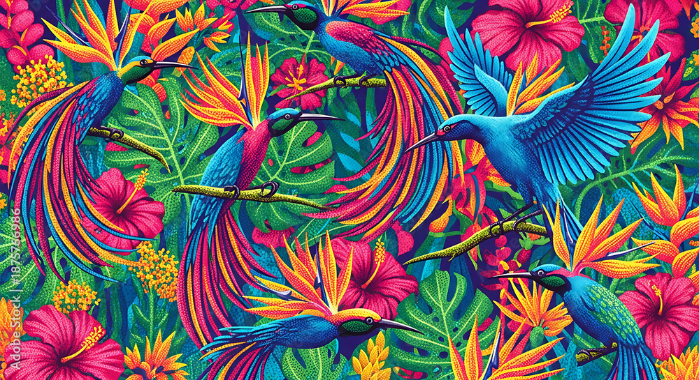 Fototapeta premium Vibrant tropical rainforest pattern featuring exotic birds, bright flowers, and lush foliage.