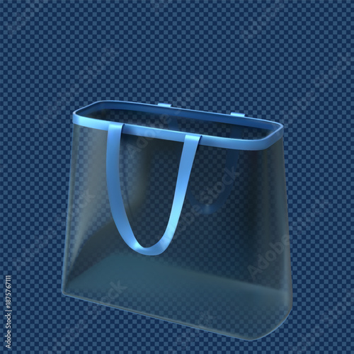 A blank blue transparent PVC tote bag with handles down.