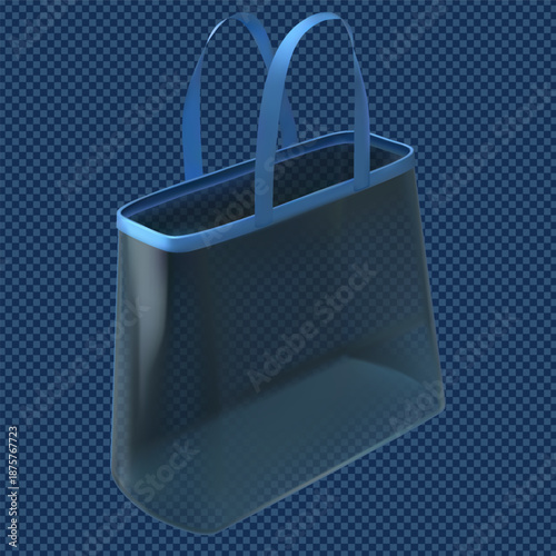 Transparent tote bag with hanging handles, blue shopping pouch mockup with straps, clear plastic handbag isometric view