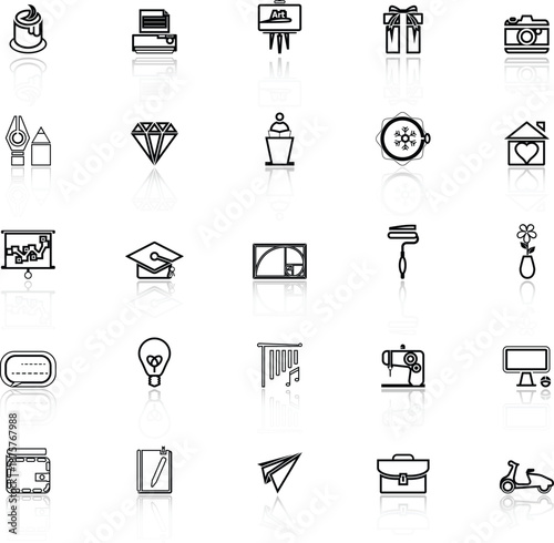 Art and creation line icons with reflect on white background