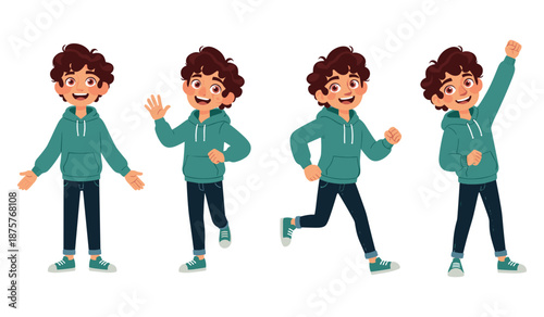 Young caucasian boy in green hoodie displaying various happy gestures