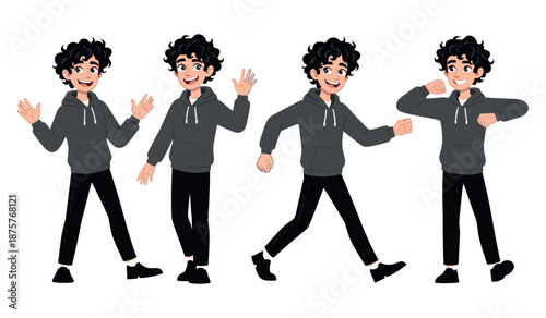 Animated young hispanic male in hoodie expressing joyful emotions and movements