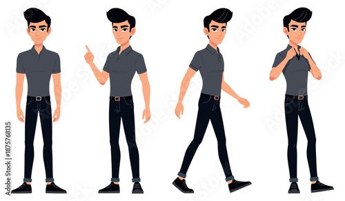 Young hispanic male cartoon character in various poses wearing casual attire
