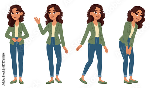 Animated young female character in casual outfit with different poses