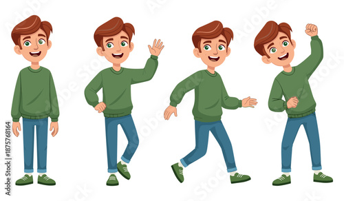 Animated caucasian young male character in green sweater displaying various joyful poses
