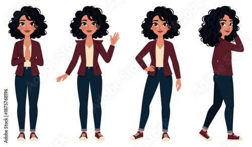 Animated female character with curly hair in various poses