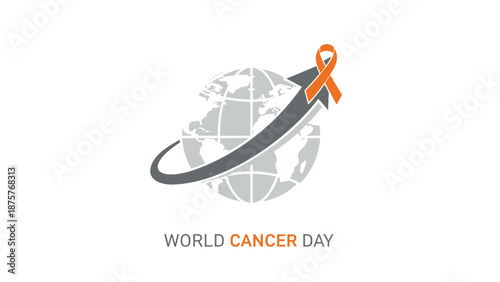 World cancer day symbol with orange ribbon and grey globe on white background representing global cancer awareness campaign