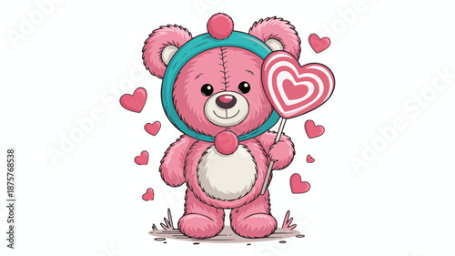 Pink teddy bear holding a heart lollipop wearing a teal headband on white background candy