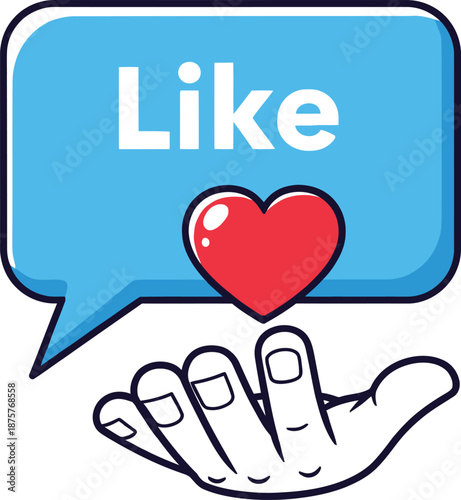 Social media like button with heart and hand