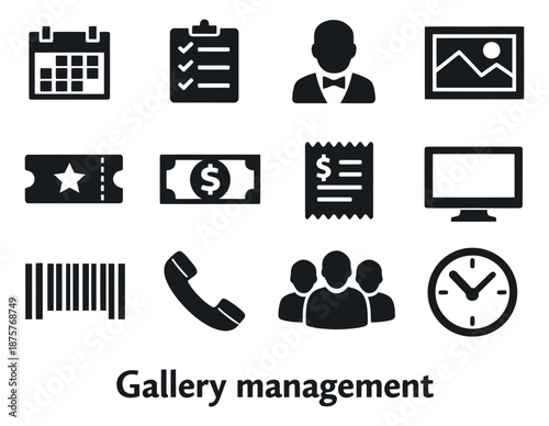 Solid glyph icon set featuring a calendar, checklist, money, tickets, and staff for gallery management