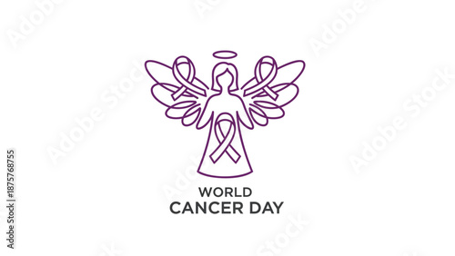 Purple angel with cancer awareness ribbon on world cancer day with wings and halo