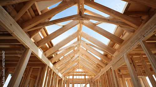 Construction d'une structure en bois à l'intérieur d'un bâtiment au milieu de la journée