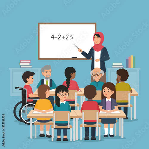A teacher in a red hijab explaining a math problem on a whiteboard to a diverse group of students in a classroom