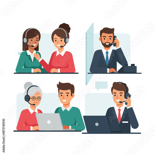 Customer service representatives working on computers and answering phone calls in a modern office environment