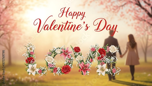 Valentine's Day A romantic Valentine's Day graphic with a couple holding hands in a park