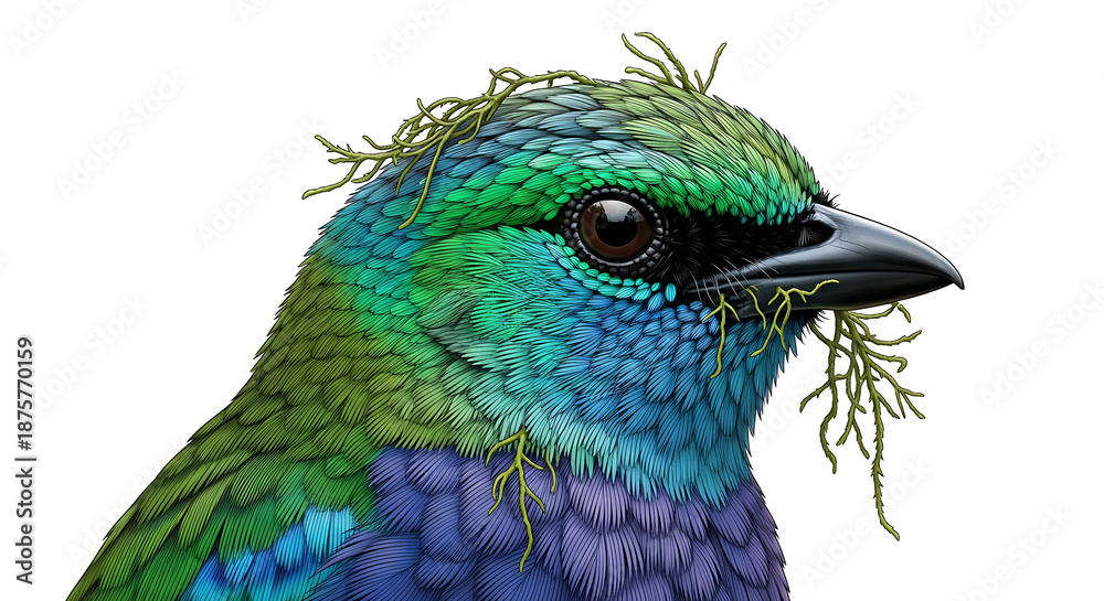 Obraz premium Detailed Colorful Exotic Bird Head Illustration with Mossy Feathers on White Background.