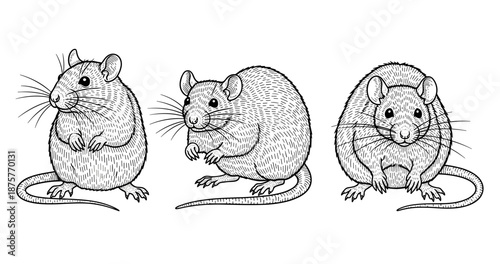 Detailed hand-drawn illustrations of three rats displaying different poses