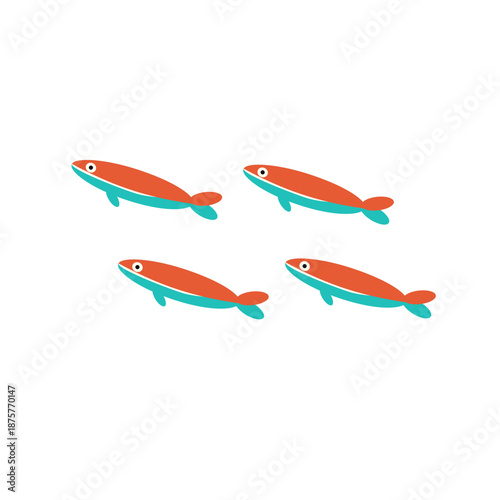 Colorful funky decorative sardines. Bright flat illustration. Drawn sardine, tuna, salmon, mackerel.