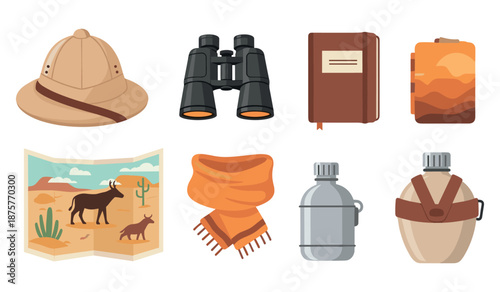 Adventure gear collection: helmets, binoculars, journals, maps, scarves, canteens