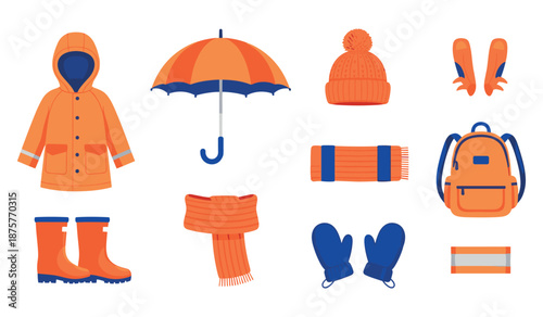 Colorful winter accessories: coat, umbrella, hat, gloves, scarf, boots, and backpack