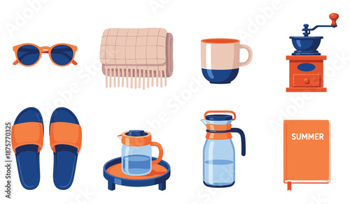 Collection of summer accessories and home items: sunglasses, mug, coffee grinder, slippers, carafe, towel, journal