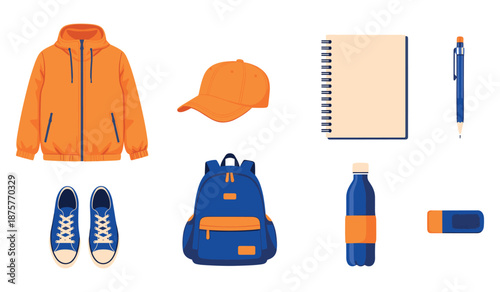 Collection of school supplies: jacket, cap, backpack, sneakers, notebook, pen, water bottle, eraser