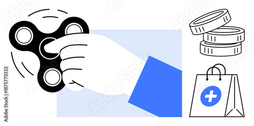 Stress relief, healthcare shopping, consumer goods, financial transactions, mindfulness, gaming. Hand spinning fidget spinner, pile of coins bag with healthcare symbol. Stress relief and healthcare