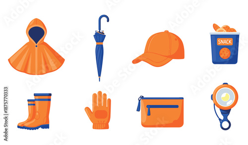 Outdoor essentials: rain poncho, umbrella, orange cap, snack box, rubber boots, gloves, pouch, flashlight