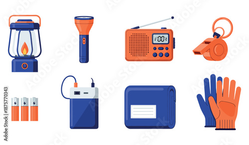 Emergency kit essentials: lantern, flashlight, radio, whistle, batteries, power bank, notebook, gloves
