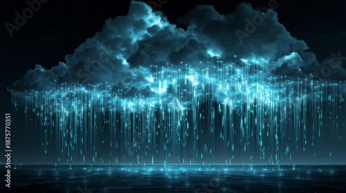 Dramatic cloud with glowing blue data streams flowing down