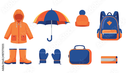 Colorful rain gear and accessories - jacket, umbrella, boots, backpack, hat, gloves, lunchbox