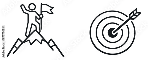 Line art concept set featuring a person on a mountain with a flag and a target with an arrow for success and achievement