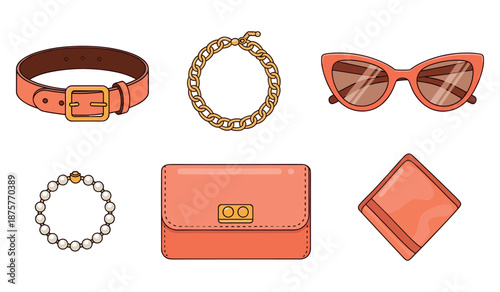 Collection of fashion accessories: necklace, bracelet, sunglasses, belt, purse