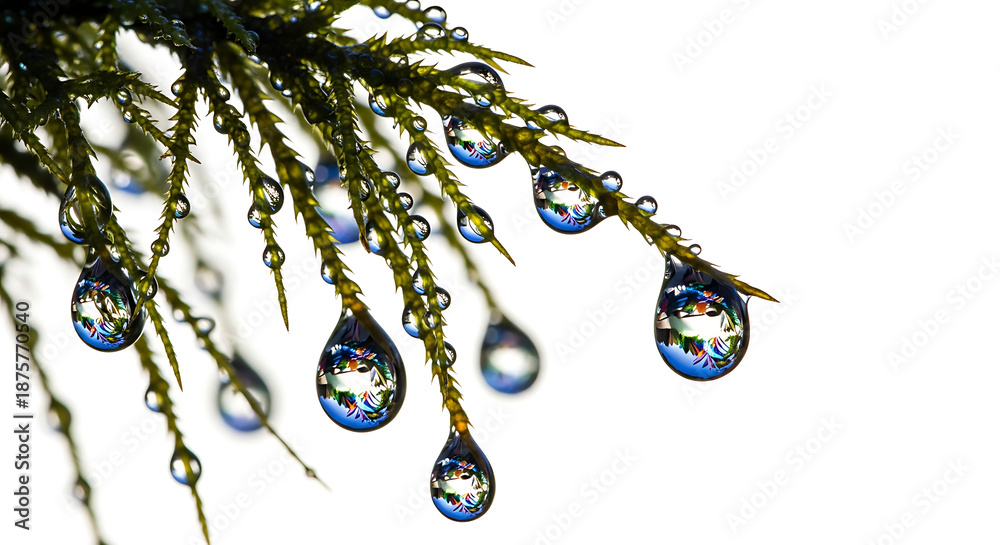 Fototapeta premium Macro shot of vibrant inverted reflection inside fresh dew droplets on moss.