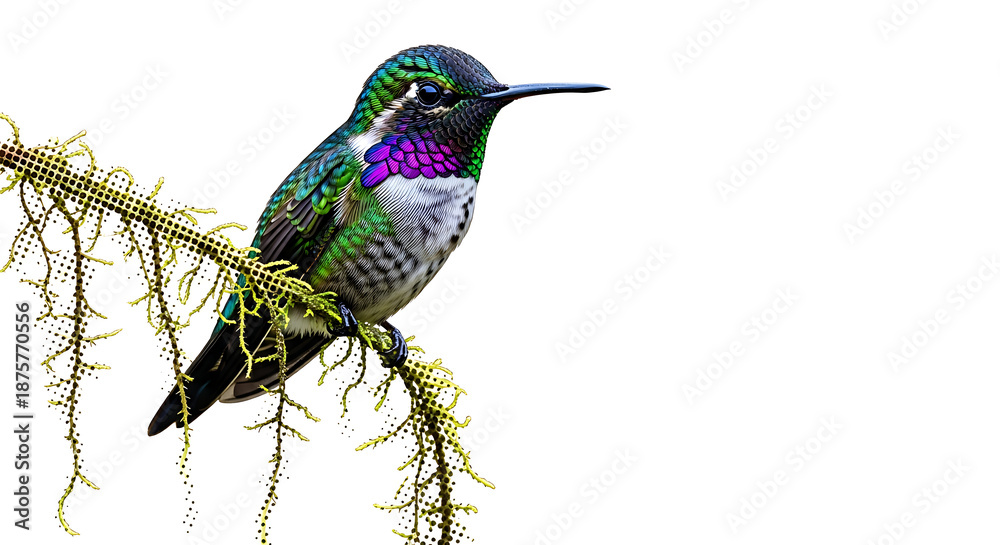Fototapeta premium Iridescent Hummingbird Perched on Mossy Branch Isolated Against White Background Studio Shot