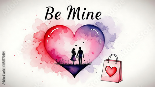 Valentine's Day A vector graphic illustration of a heart with a couple and shopping bag for Valentine's Day