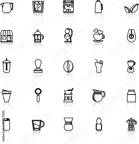 Coffee and tea line icons with reflect on white